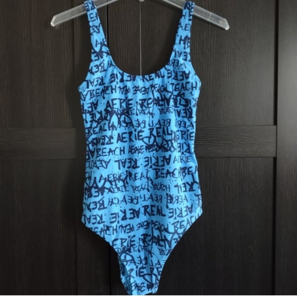Aerie Real Cheeky One Piece Blue Swim Suit - Picture 2 of 6